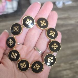 Chico's Black and Gold Round Logo Link Bracelet